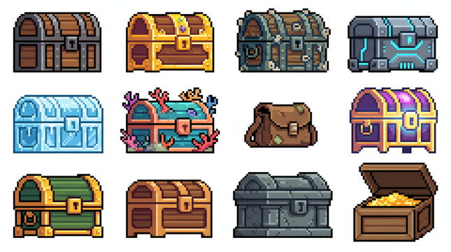 Collection of diverse fantasy treasure chests and loot icons in retro pixel art style