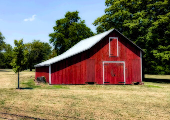 red barn in a field, wooden barn, red wooding barn © Melinda