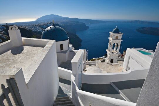 Landscape with scenic view of Oia overlooking the Aegean Sea and the caldera in Santorini island Cyclades Greece.