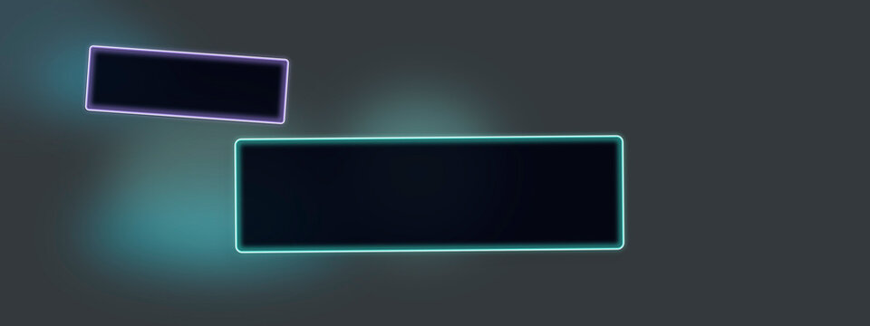 Two floating neon-outlined rectangles glow against a dark bluish background, conveying a crisp, futuristic interface feel for dashboards and app concepts.