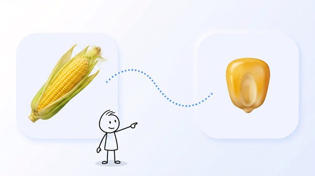 Corn cob transitions to single kernel showing seed development and growth concept