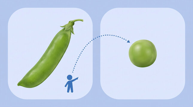 Pea pod opens to reveal single pea with directional arrow