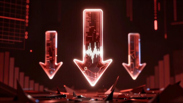 Red glowing arrows signal data decline amid a digital decay landscape.