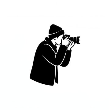 Photographer Taking Picture with DSLR Camera Wearing Beanie, Black Silhouette Vector Illustration of Photography, Journalist, and Travel