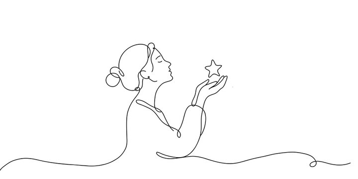 Minimalist continuous line art of a woman holding a star in her hands looking up with hope and dreams
