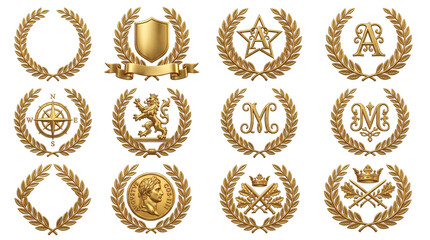 Fototapeta premium Golden laurel wreath collection, 12 luxury heraldic crests and emblems, metallic trophy awards for premium branding and certificates