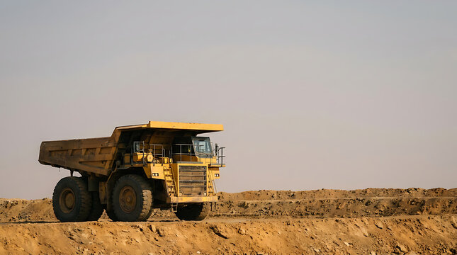 Massive yellow heavy-duty dump truck operating at a large open-pit mining or construction site, showcasing industrial scale and earthmoving operations under a clear sky