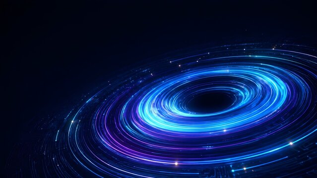 Glowing digital data vortex representing infinite processing power and complex cyberspace network architecture in dark environment