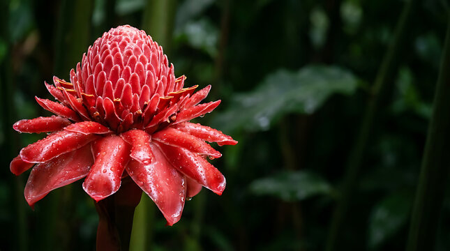 Stunning close-up of a vibrant red torch ginger flower blooming in a lush tropical garden with dark green foliage backdrop
