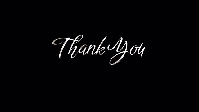 Elegant silver metallic cursive Thank You For Your Attention text animation with sparkling particles on a black background for vfx and transparent alpha channel overlays