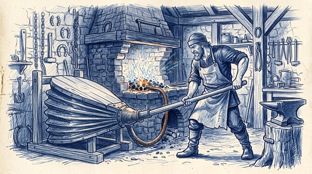 Blacksmith using bellows to heat forge in traditional workshop.