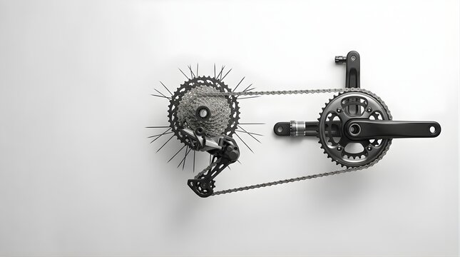 Bicycle drivetrain components with chain, crankset, and cassette on white