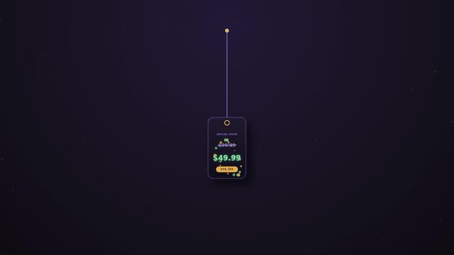 Animated Price Tag Showing 50 Percent Discount from 99.99 to 49.99 Dollars on Dark Purple Background