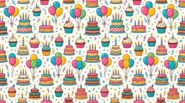 Happy birthday cake and balloon seamless pattern background design