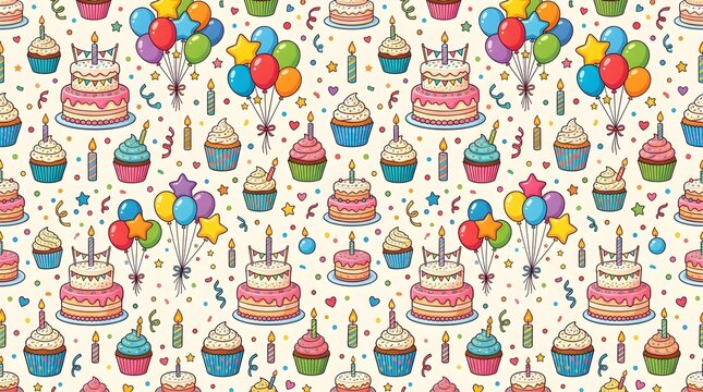 Cute Birthday Party Seamless Pattern with Cakes, Cupcakes, and Balloons for Backgrounds