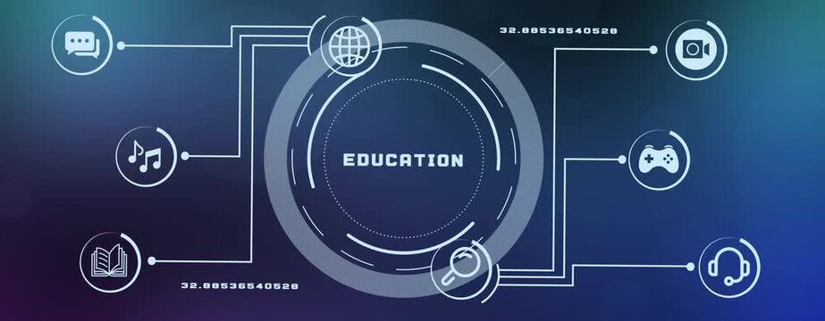 Digital education network with connected learning, media and communication icons for modern remote teaching and online knowledge sharing.