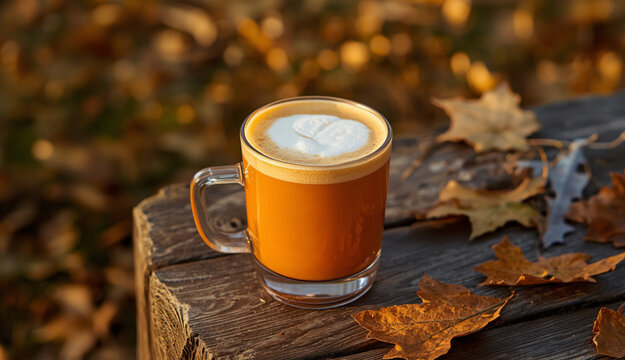 Hot iced pumpkin latte on a wooden table in a clear mug at the park on a beautiful fall autumn day with crispy leaves