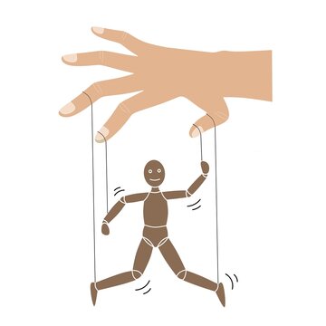 Hand control string puppet flat vector, puppeter controled puppet design flat,hand manipulate morionette doll flat lmage,hand play wodden puppet flat icon,finger control string puppet flat vector 