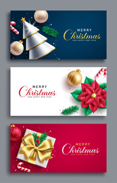 Merry Christmas and Happy New year banner set clipart design. Elegant Christmas greeting card template clip art in blue, white and red background with Christmas tree, gift box, poinsettia flower