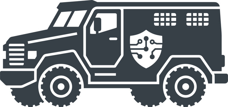 Armored cash transport truck icon featuring a digital circuit board shield for secure financial data protection concept