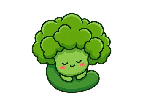 Cute cartoon broccoli character sleeping peacefully isolated on a white background for healthy food design projects