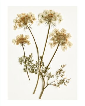 Vintage herbarium page style, pressed wild carrot flowers, white background
