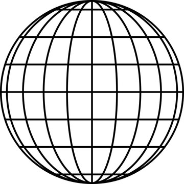 Wireframe globe PNG with clean latitude and longitude grid lines, isolated on transparent background