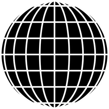 Black globe PNG with white latitude and longitude grid lines, isolated on transparent background