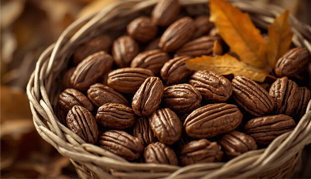 woven basket filled with pecans nuts with fall leaves closeup