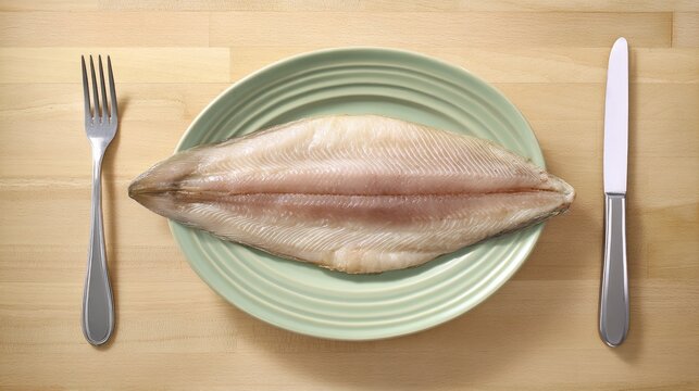 Freshly cooked golden-brown walleye fillet on ceramic plate, clean wooden countertop, healthy meal concept