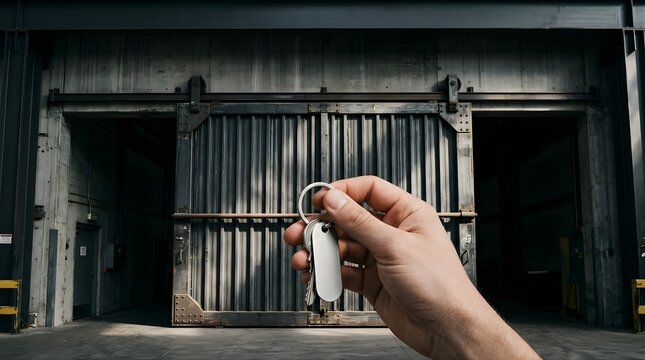 Person holding silver keys in front of a closed industrial warehouse door