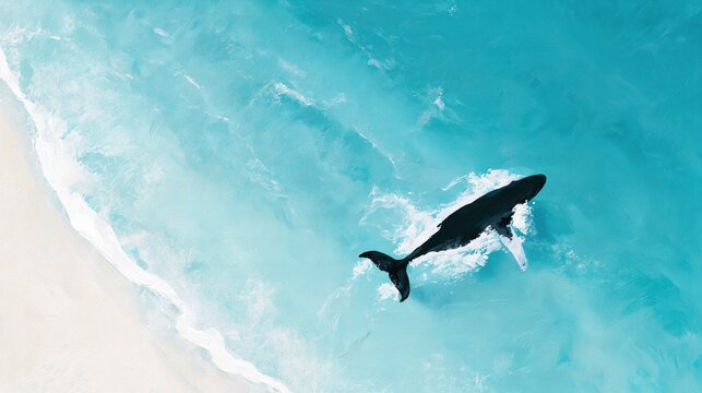 Growth and continuous learning symbolized by a majestic whale swimming in turquoise ocean water near a sandy beach with white foam in a textured painterly style