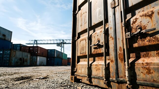 Rusted shipping container at an industrial cargo port under clear sky