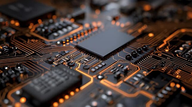 Detailed close-up of a modern circuit board with glowing orange traces and components showcasing intricate technology and complex digital connections for innovation concepts