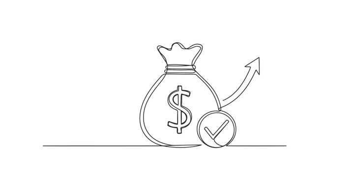 Continuous single line drawing of a money bag with a dollar sign and a check mark symbol showing financial success and profit growth