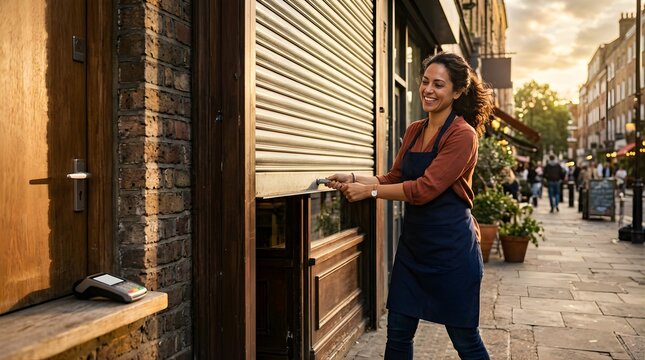 Smiling shop owner opening metal storefront shutter at dusk on city street