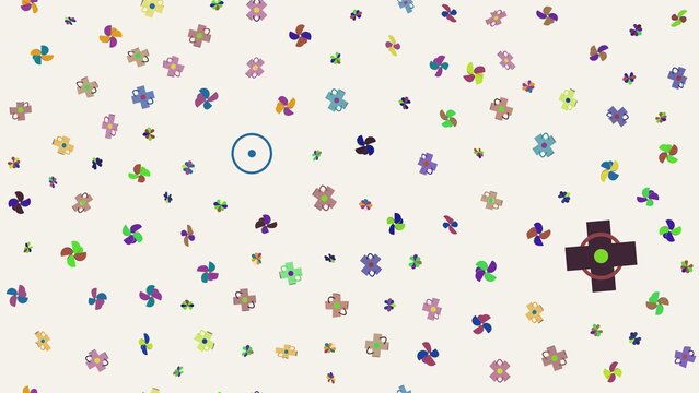 Scattered colorful pinwheel and cross shapes on a light background