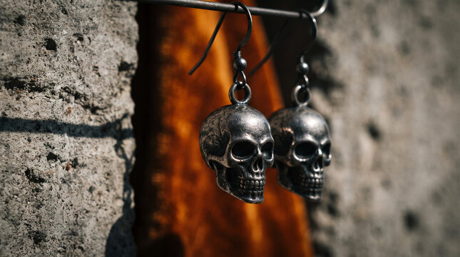 Pair of silver skull earrings hanging on wire against textured wall