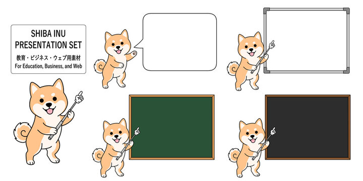Cute Shiba Inu presentation set with whiteboard, chalkboard, blackboard, speech bubble, and pointing stick, education and business concept