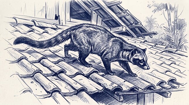 Civet cat walking on traditional tiled roof.