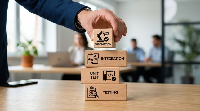 Hand placing automation box on top of integration and testing stack