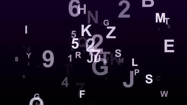 Falling silver alphanumeric characters on dark purple abstract background footage