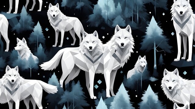 Seamless pattern of geometric white wolves in a stylized winter forest. Modern wildlife illustration for backgrounds and design.