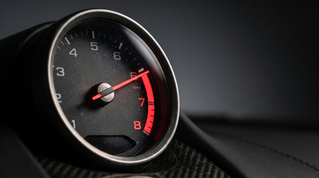 Car tachometer gauge measuring engine RPM in a modern vehicle interior