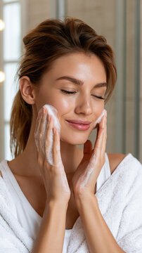 Woman washing her face in a bathroom during morning routine