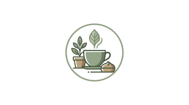 Herbal tea cup and leaf circular logo icon.