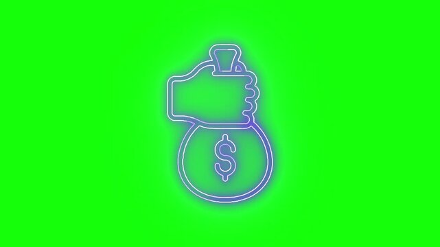 Neon money bag approval icon looping on green screen chroma key, glowing purple outline for finance ads, banking app UI, ecommerce promotions, payment overlays, marketing videos, and motion graphics c