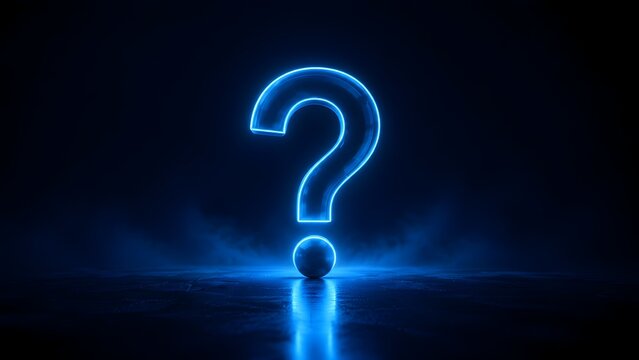 Glowing blue neon question mark on dark reflective surface representing mystery problem solving and customer support concept