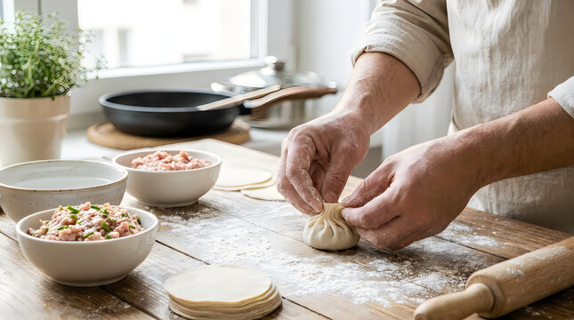 Close up of a person preparing homemade dumplings with fresh ingredients on a rustic wooden kitchen table