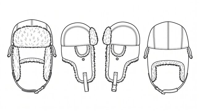 Winter Trapper Hat Technical Fashion Sketch Illustration with Fur Lining Ear Flaps and Buckle Strap Front Back and Side View CAD